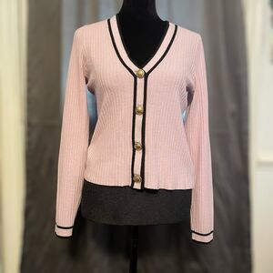 Express Pink Ribbed V-Neck Cardigan Black Trim Gold Buttons Classic Elegant Med